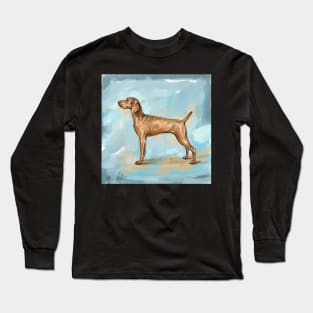 Painting of a Cute Weimaraner Standing and Looking to the Left. Blue Background Long Sleeve T-Shirt